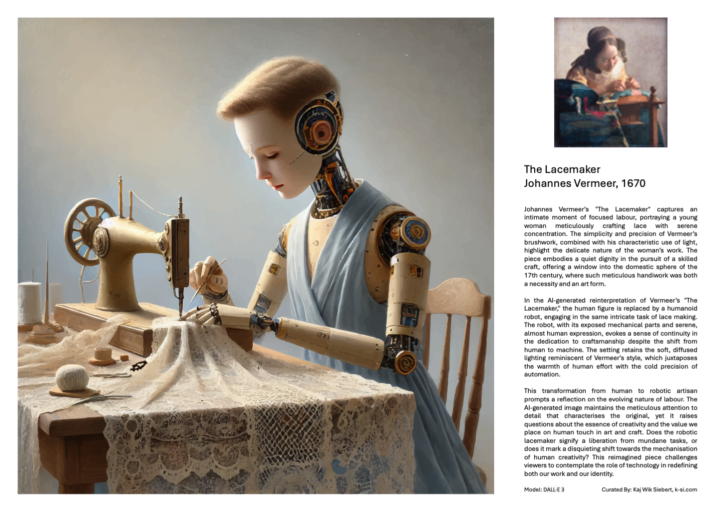 A poster showing an AI generated version of Vermeer's The Lacemaker with a humanoid robot as the lacemaker. The slide also has a small inset of the original painting and an AI written critique of the work.
