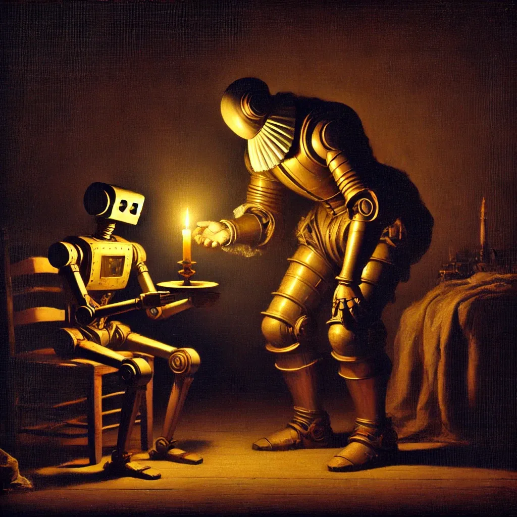 An older-looking robot bends over wood beside a smaller robot, their faces and hands illuminated by candlelight.
