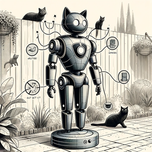 A humouristic image of a cat-scaring robot