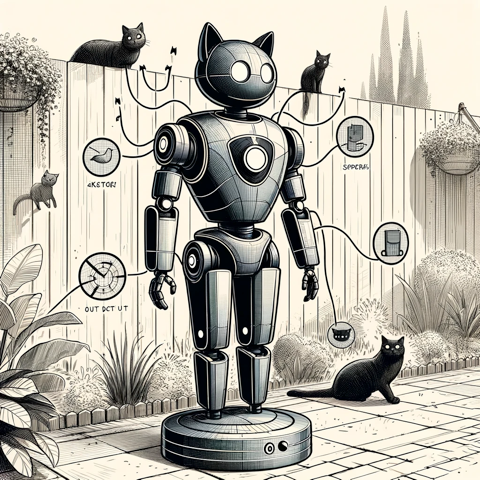 A humouristic image of a cat-scaring robot
