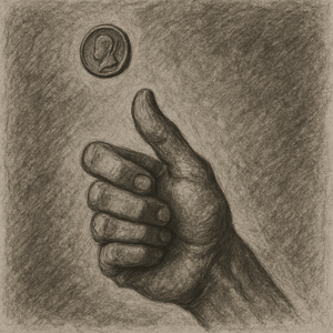 A pencil drawing of a hand flicking a coin