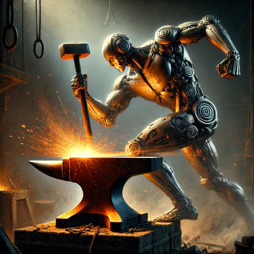 A robot blacksmith hammers glowing metal at an anvil, throwing sparks into a dark forge.