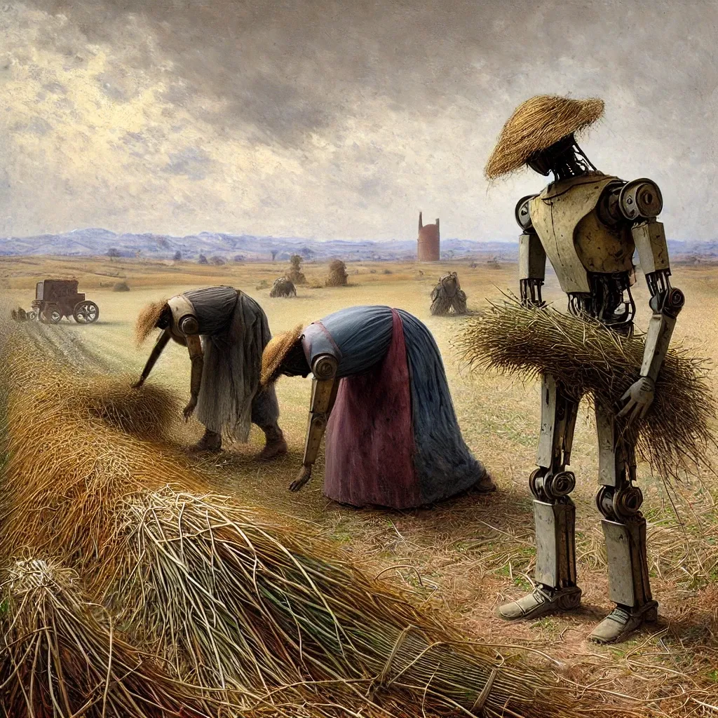Three worn, rusty robots bend low to gather ears of grain from a harvested field, with a large harvest behind them.