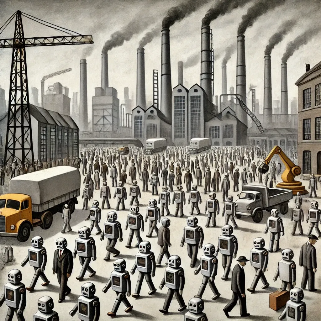 Crowds of small robot workers converge on a factory beneath smoking chimneys and a pale industrial sky.