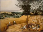 Harvesters cut golden wheat while a group of people eat and rest beneath a tree, overlooking a broad summer landscape.
