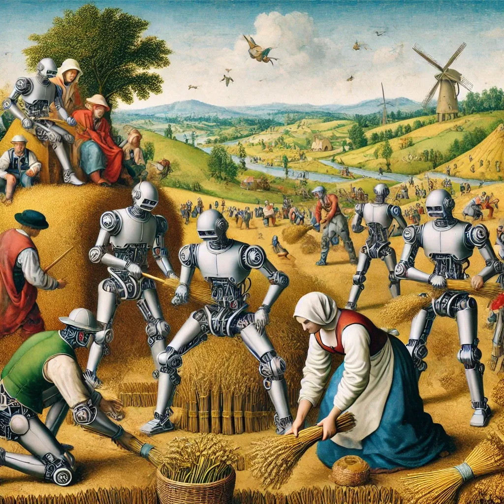 Robots harvest a golden field of wheat while others gather in the shade of a tree, with fields stretching into the distance.