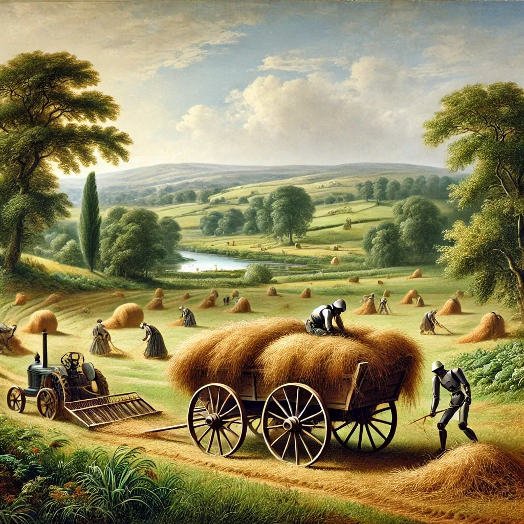 Robots accompany a wagon through a shallow river beside a cottage, trees and open fields.