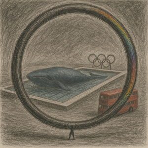 A huge hoola-hoop compared to a London bus, a blue whale, and an olympic swimming pool.