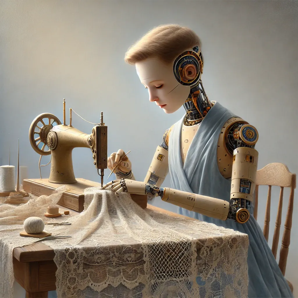 A brass-coloured robot bends over a sewing machine in a softly lit room, with fabric and thread on the table.