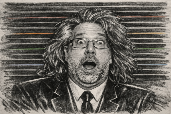 A charcoal drawing in the style of Max Headroom: a man with a surprised expression, suit and tie, against glitchy horizontal lines with orange, green and blue accents