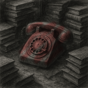 An charcoal drawing of a rotary phone sitting on a table between lots of books