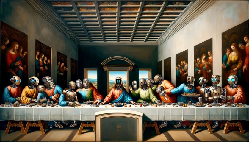 An AI-generated reimagining of The Last Supper, with robots gathered around a long table.