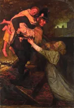 A firefighter brings children down from a burning building towards a woman reaching up to them.