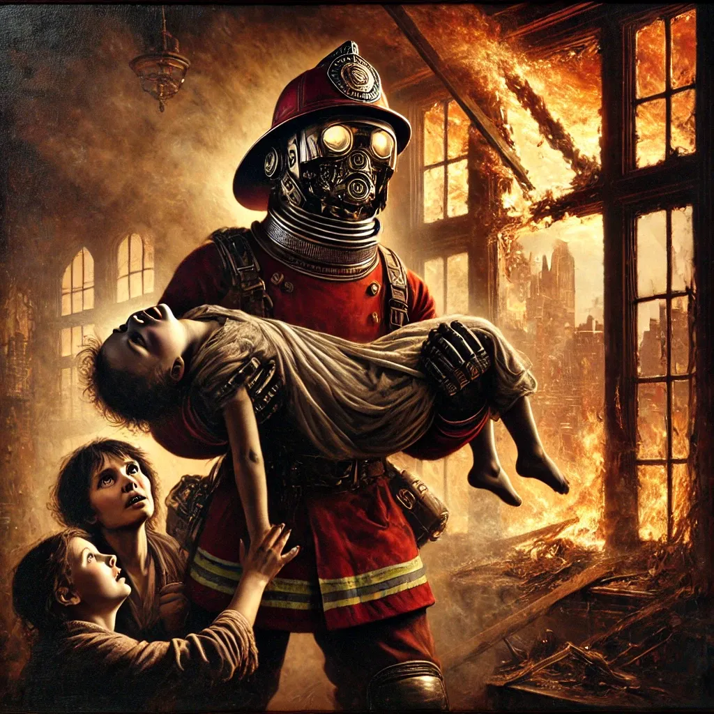 A robot in firefighter clothing carries children through the flames and smoke of a burning building.
