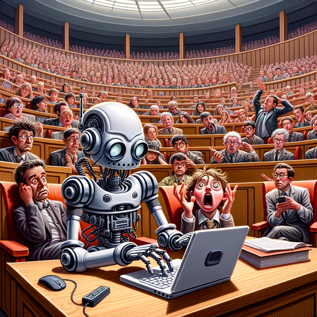 A humouristic image of a robot controlling a powerpoint presentation