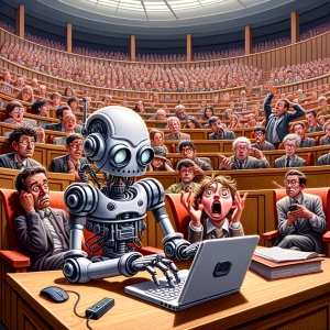 A humouristic image of a robot controlling a powerpoint presentation