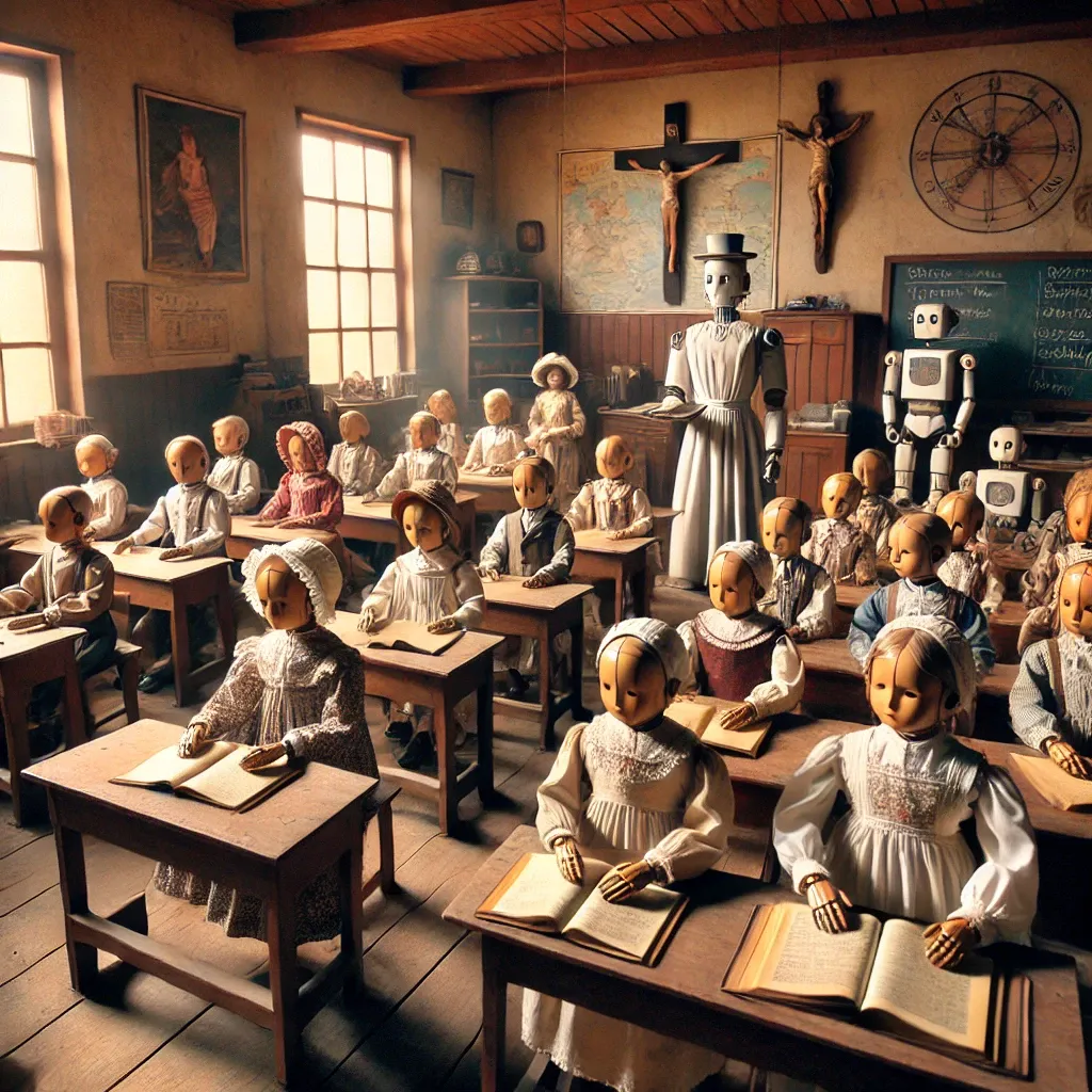 A robot teacher stands among small robot pupils at wooden desks in an old-fashioned classroom.