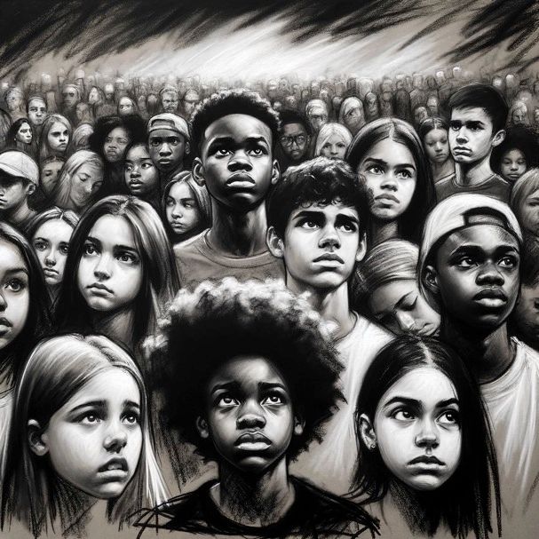 A charcoal sketch of a group of children illustrating the work I do in social impact