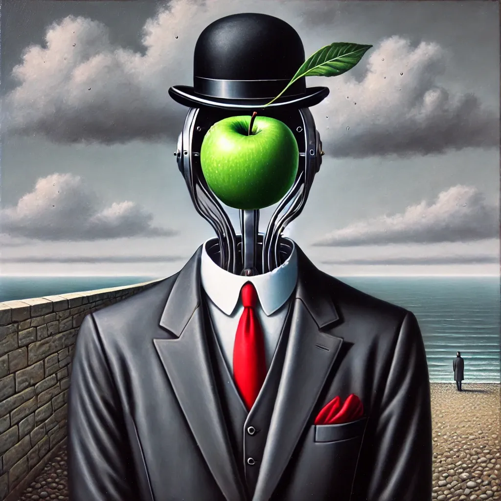 A robot wears a dark suit, red tie and bowler hat, with its face obscured by a green apple.