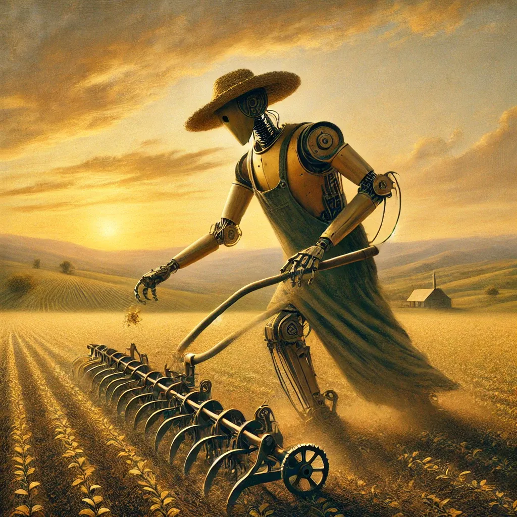 A large robot strides across a field, scattering seeds from its hand beneath an expansive sky.