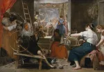 Women spin and handle wool in a busy foreground workshop, with figures and a large tapestry in a raised room behind them.