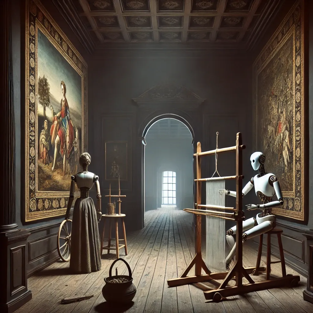 An almost empty, shadowy workshop opens onto a brighter room with two robot figures beside a loom.