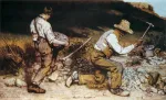 Two labourers, one kneeling with a hammer and one carrying stones, work beside a road in worn clothes.