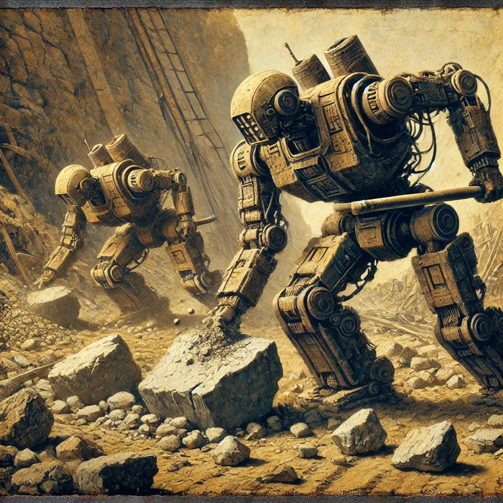 Two weathered robots break and gather stones beside a road, surrounded by rubble and a dark hillside.