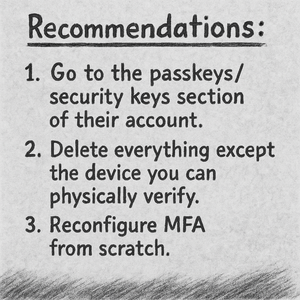 An infographic summarising the recommendations of this article: 1. Go to the passkeys/security keys section of their account. 2. Delete *everything* except the device you can physically verify.3. Reconfigure MFA from scratch.