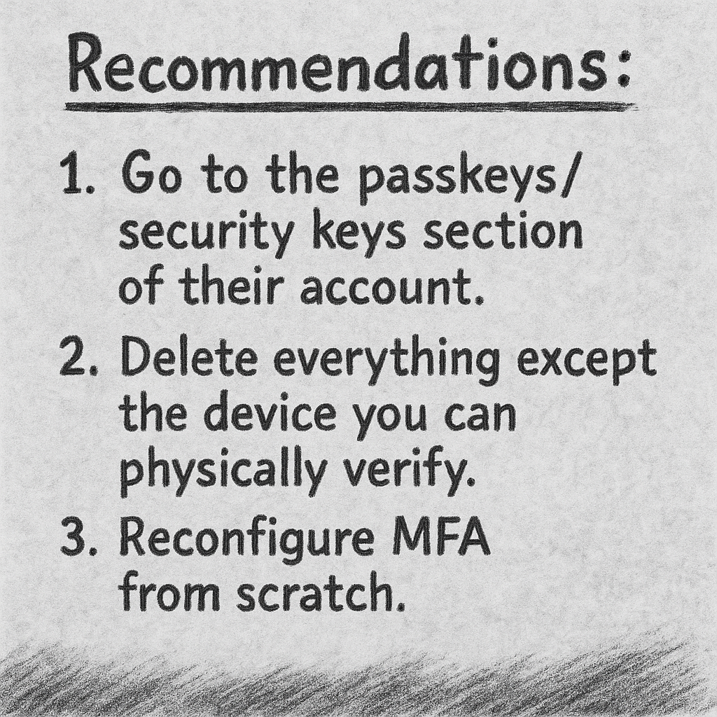 An infographic summarising the recommendations of this article: 1. Go to the passkeys/security keys section of their account. 2. Delete *everything* except the device you can physically verify.3. Reconfigure MFA from scratch.