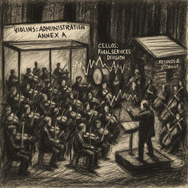 A funny drawing of a dysfunctional symphony orchestra