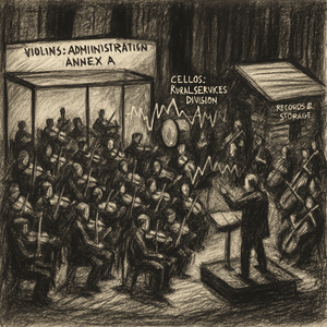A funny drawing of a dysfunctional symphony orchestra