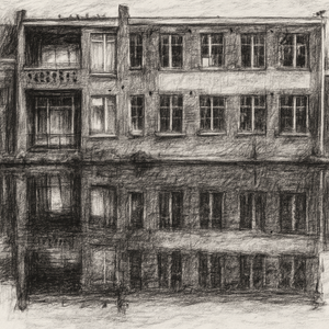 A drawing of a building reflected in a canal. The picture is drawn upside down, so the reflection is on top, creating a disorienting effect.