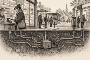 A charcoal illustration of a shopper, supermarket, bus and post office, with their hidden connections converging on a small controller beneath the pavement.
