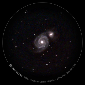 A telescope image of the Whirlpool Galaxy surrounded by stars