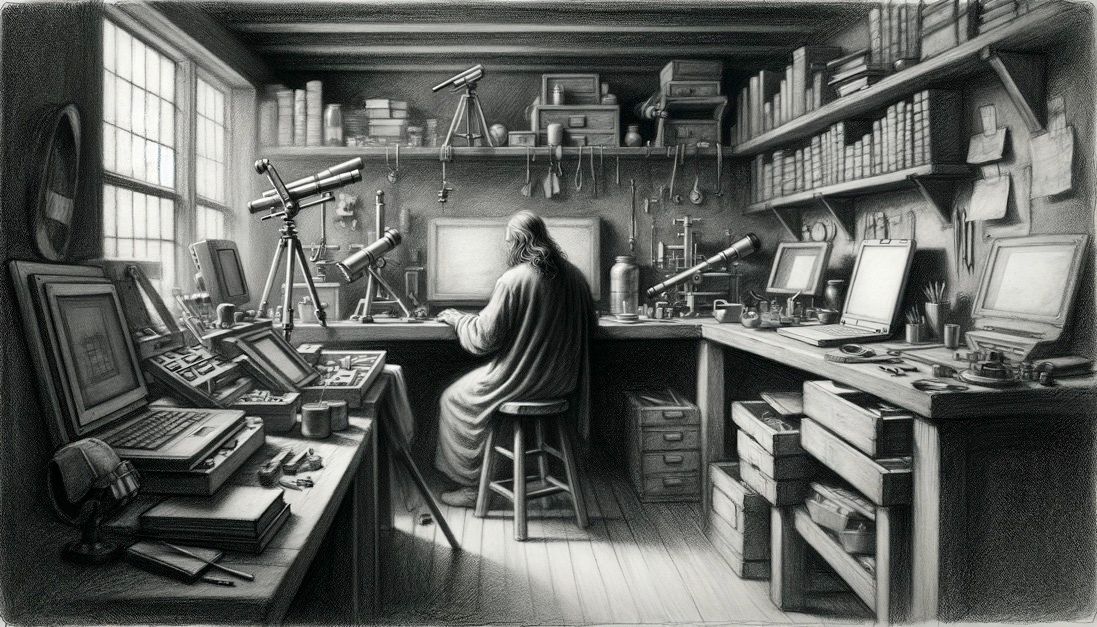 An illustrative image acting as the page banner. The image is a charcoal sketch of a long-haired gentleman in a robe with old telescopes and a variety of laptops and electronic equipment.