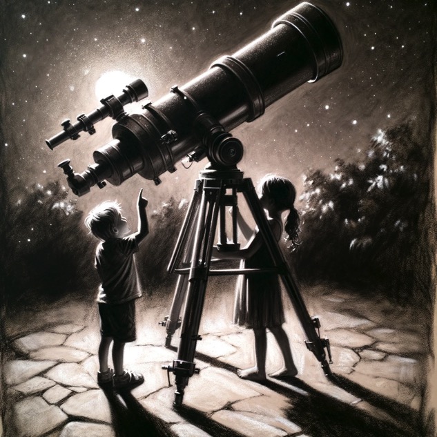 An AI generated image of two children admiring a telescope.